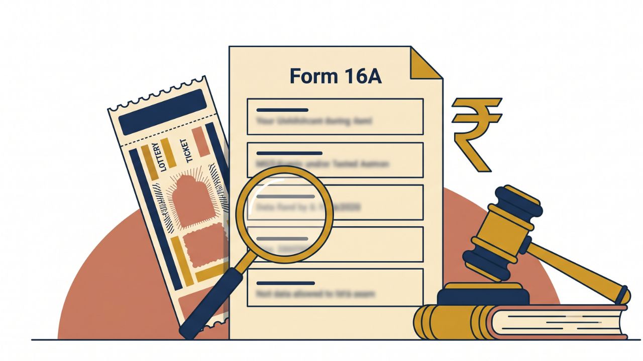 A magnifying glass hovering over a detailed Form 16A lottery TDS certificate check document