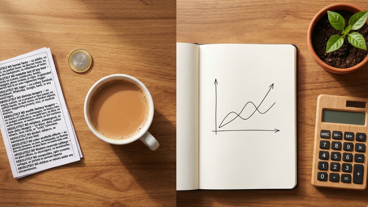 A graphic showing a balancing scale comparing lottery vs mutual funds for financial planning.